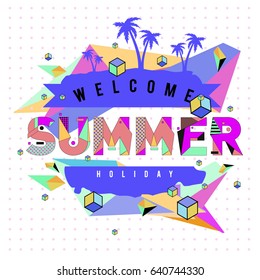 Trendy vector summer cards illustration with elements and abstract colorful textures. Design for holiday vacation poster, card, brochure, and promotion template. Fashion art print and background.