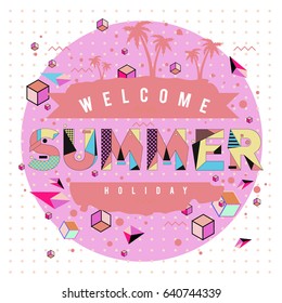 Trendy vector summer cards illustration with elements and abstract colorful textures. Design for holiday vacation poster, card, brochure, and promotion template. Fashion art print and background.