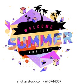Trendy vector summer cards illustration with elements and abstract colorful textures. Design for holiday vacation poster, card, brochure, and promotion template. Fashion art print and background.