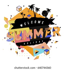 Trendy vector summer cards illustration with elements and abstract colorful textures. Design for holiday vacation poster, card, brochure, and promotion template. Fashion art print and background.
