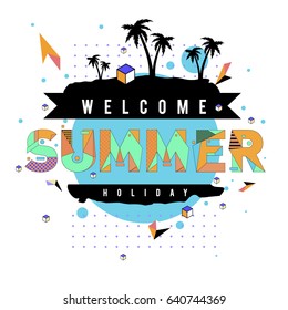 Trendy vector summer cards illustration with elements and abstract colorful textures. Design for holiday vacation poster, card, brochure, and promotion template. Fashion art print and background.