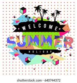 Trendy vector summer cards illustration with elements and abstract colorful textures. Design for holiday vacation poster, card, brochure, and promotion template. Fashion art print and background.