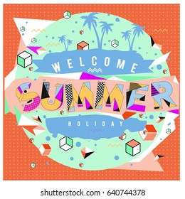 Trendy vector summer cards illustration with elements and abstract colorful textures. Design for holiday vacation poster, card, brochure, and promotion template. Fashion art print and background.