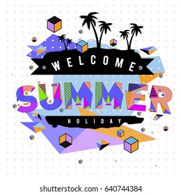 Trendy vector summer cards illustration with elements and abstract colorful textures. Design for holiday vacation poster, card, brochure, and promotion template. Fashion art print and background.