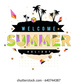 Trendy vector summer cards illustration with elements and abstract colorful textures. Design for holiday vacation poster, card, brochure, and promotion template. Fashion art print and background.