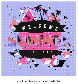 Trendy vector summer cards illustration with elements and abstract colorful textures. Design for holiday vacation poster, card, brochure, and promotion template. Fashion art print and background.
