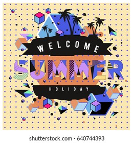 Trendy vector summer cards illustration with elements and abstract colorful textures. Design for holiday vacation poster, card, brochure, and promotion template. Fashion art print and background.