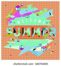 Trendy vector summer cards illustration with elements and abstract colorful textures. Design for holiday vacation poster, card, brochure, and promotion template. Fashion art print and background.