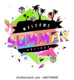 Trendy vector summer cards illustration with elements and abstract colorful textures. Design for holiday vacation poster, card, brochure, and promotion template. Fashion art print and background.