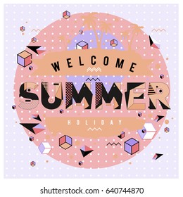 Trendy vector summer cards illustration with elements and abstract colorful textures. Design for holiday vacation poster, card, brochure, and promotion template. Fashion art print and background.