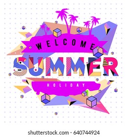Trendy vector summer cards illustration with elements and abstract colorful textures. Design for holiday vacation poster, card, brochure, and promotion template. Fashion art print and background.