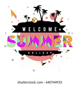 Trendy vector summer cards illustration with elements and abstract colorful textures. Design for holiday vacation poster, card, brochure, and promotion template. Fashion art print and background.