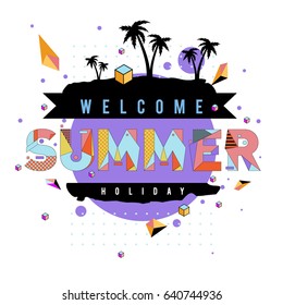 Trendy vector summer cards illustration with elements and abstract colorful textures. Design for holiday vacation poster, card, brochure, and promotion template. Fashion art print and background.