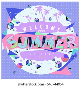 Trendy vector summer cards illustration with elements and abstract colorful textures. Design for holiday vacation poster, card, brochure, and promotion template. Fashion art print and background.