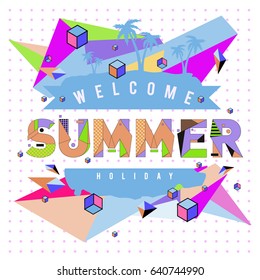 Trendy vector summer cards illustration with elements and abstract colorful textures. Design for holiday vacation poster, card, brochure, and promotion template. Fashion art print and background.