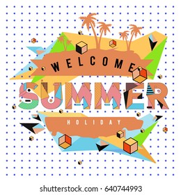 Trendy vector summer cards illustration with elements and abstract colorful textures. Design for holiday vacation poster, card, brochure, and promotion template. Fashion art print and background.