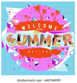 Trendy vector summer cards illustration with elements and abstract colorful textures. Design for holiday vacation poster, card, brochure, and promotion template. Fashion art print and background.