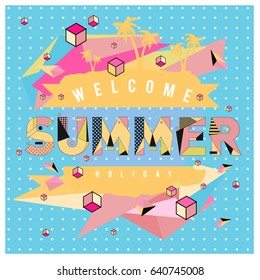 Trendy vector summer cards illustration with elements and abstract colorful textures. Design for holiday vacation poster, card, brochure, and promotion template. Fashion art print and background.
