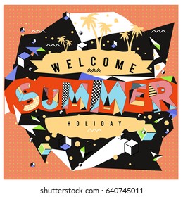 Trendy vector summer cards illustration with elements and abstract colorful textures. Design for holiday vacation poster, card, brochure, and promotion template. Fashion art print and background.