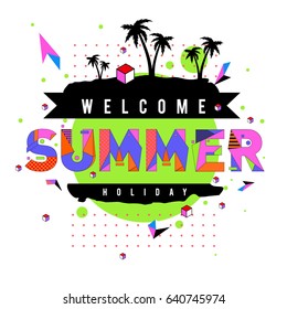 Trendy vector summer cards illustration with elements and abstract colorful textures. Design for holiday vacation poster, card, brochure, and promotion template. Fashion art print and background.