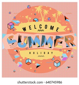 Trendy vector summer cards illustration with elements and abstract colorful textures. Design for holiday vacation poster, card, brochure, and promotion template. Fashion art print and background.