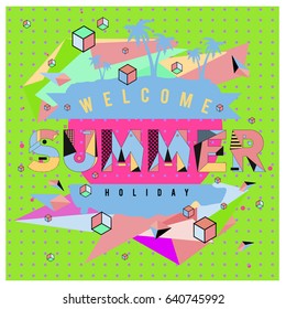 Trendy vector summer cards illustration with elements and abstract colorful textures. Design for holiday vacation poster, card, brochure, and promotion template. Fashion art print and background.
