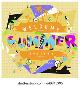 Trendy vector summer cards illustration with elements and abstract colorful textures. Design for holiday vacation poster, card, brochure, and promotion template. Fashion art print and background.