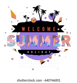 Trendy vector summer cards illustration with elements and abstract colorful textures. Design for holiday vacation poster, card, brochure, and promotion template. Fashion art print and background.