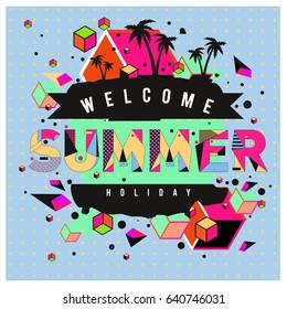 Trendy vector summer cards illustration with elements and abstract colorful textures. Design for holiday vacation poster, card, brochure, and promotion template. Fashion art print and background.