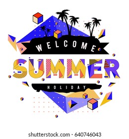 Trendy vector summer cards illustration with elements and abstract colorful textures. Design for holiday vacation poster, card, brochure, and promotion template. Fashion art print and background.