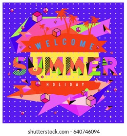 Trendy vector summer cards illustration with elements and abstract colorful textures. Design for holiday vacation poster, card, brochure, and promotion template. Fashion art print and background.