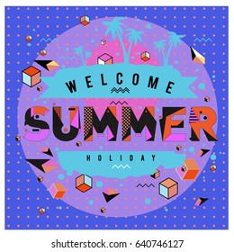 Trendy vector summer cards illustration with elements and abstract colorful textures. Design for holiday vacation poster, card, brochure, and promotion template. Fashion art print and background.