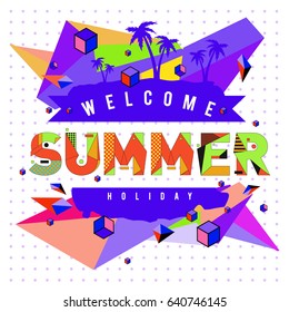 Trendy vector summer cards illustration with elements and abstract colorful textures. Design for holiday vacation poster, card, brochure, and promotion template. Fashion art print and background.