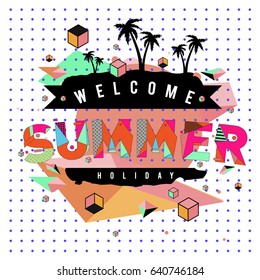 Trendy vector summer cards illustration with elements and abstract colorful textures. Design for holiday vacation poster, card, brochure, and promotion template. Fashion art print and background.