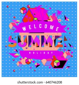 Trendy vector summer cards illustration with elements and abstract colorful textures. Design for holiday vacation poster, card, brochure, and promotion template. Fashion art print and background.