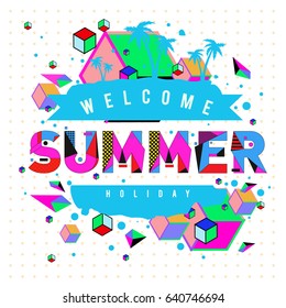 Trendy vector summer cards illustration with elements and abstract colorful textures. Design for holiday vacation poster, card, brochure, and promotion template. Fashion art print and background.