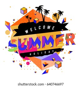 Trendy vector summer cards illustration with elements and abstract colorful textures. Design for holiday vacation poster, card, brochure, and promotion template. Fashion art print and background.