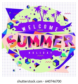 Trendy vector summer cards illustration with elements and abstract colorful textures. Design for holiday vacation poster, card, brochure, and promotion template. Fashion art print and background.