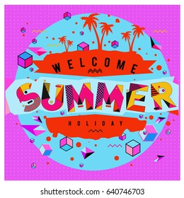 Trendy vector summer cards illustration with elements and abstract colorful textures. Design for holiday vacation poster, card, brochure, and promotion template. Fashion art print and background.