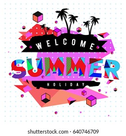 Trendy vector summer cards illustration with elements and abstract colorful textures. Design for holiday vacation poster, card, brochure, and promotion template. Fashion art print and background.