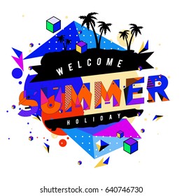 Trendy vector summer cards illustration with elements and abstract colorful textures. Design for holiday vacation poster, card, brochure, and promotion template. Fashion art print and background.