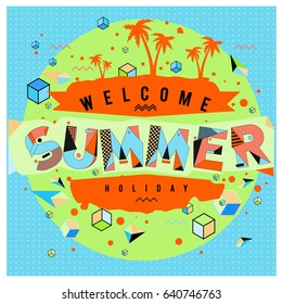 Trendy vector summer cards illustration with elements and abstract colorful textures. Design for holiday vacation poster, card, brochure, and promotion template. Fashion art print and background.
