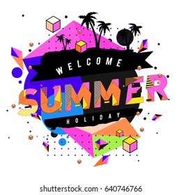 Trendy vector summer cards illustration with elements and abstract colorful textures. Design for holiday vacation poster, card, brochure, and promotion template. Fashion art print and background.