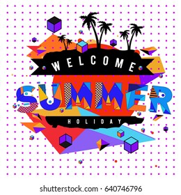 Trendy vector summer cards illustration with elements and abstract colorful textures. Design for holiday vacation poster, card, brochure, and promotion template. Fashion art print and background.