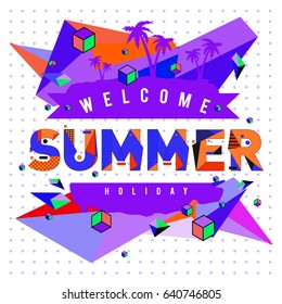 Trendy vector summer cards illustration with elements and abstract colorful textures. Design for holiday vacation poster, card, brochure, and promotion template. Fashion art print and background.
