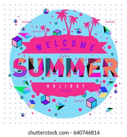 Trendy vector summer cards illustration with elements and abstract colorful textures. Design for holiday vacation poster, card, brochure, and promotion template. Fashion art print and background.