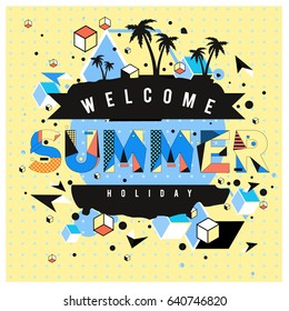 Trendy vector summer cards illustration with elements and abstract colorful textures. Design for holiday vacation poster, card, brochure, and promotion template. Fashion art print and background.