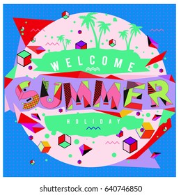 Trendy vector summer cards illustration with elements and abstract colorful textures. Design for holiday vacation poster, card, brochure, and promotion template. Fashion art print and background.