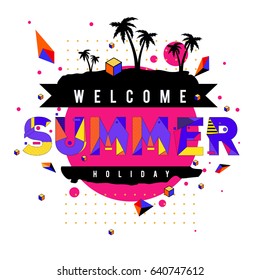 Trendy vector summer cards illustration with elements and abstract colorful textures. Design for holiday vacation poster, card, brochure, and promotion template. Fashion art print and background.