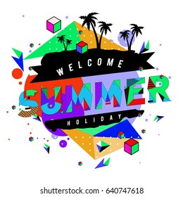 Trendy vector summer cards illustration with elements and abstract colorful textures. Design for holiday vacation poster, card, brochure, and promotion template. Fashion art print and background.